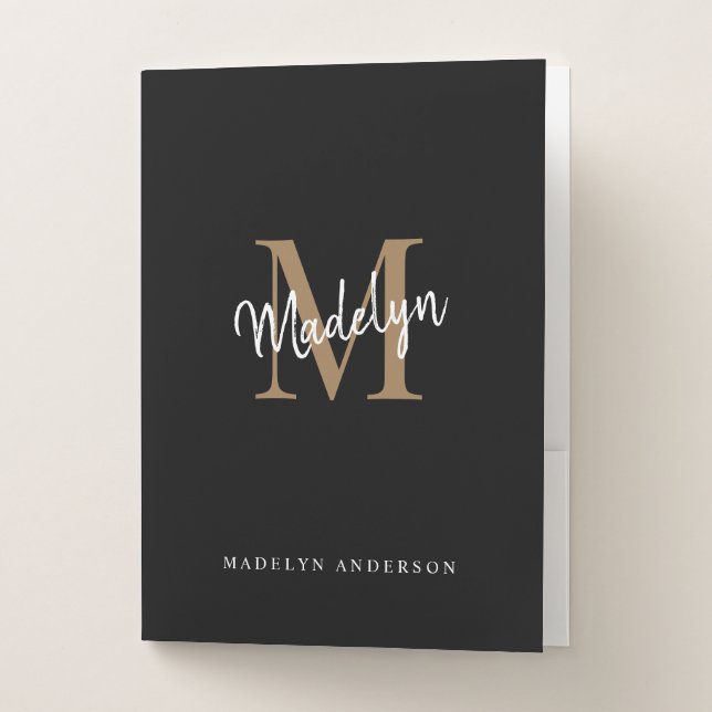 Stylish Black Gold Monogram Initial Script Name Pocket Folder (Front)