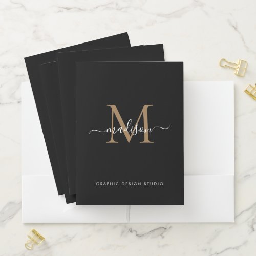 Stylish Black Gold Monogram Initial Script Name Pocket Folder