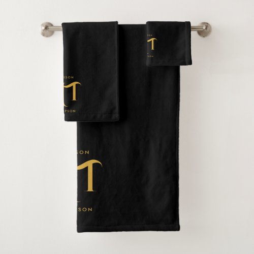 Stylish Black  Gold Monogram Initials Letters  Bath Towel Set