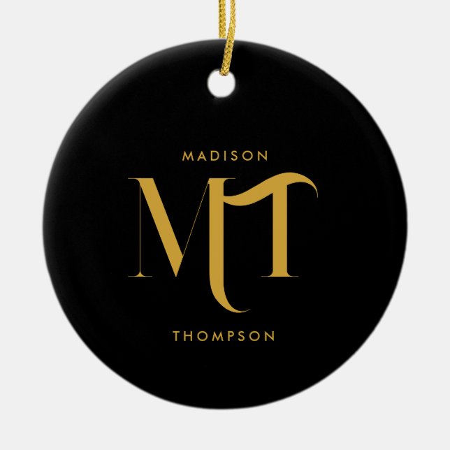 Stylish Black & Gold Monogram Initials Letters  Ceramic Ornament (Front)