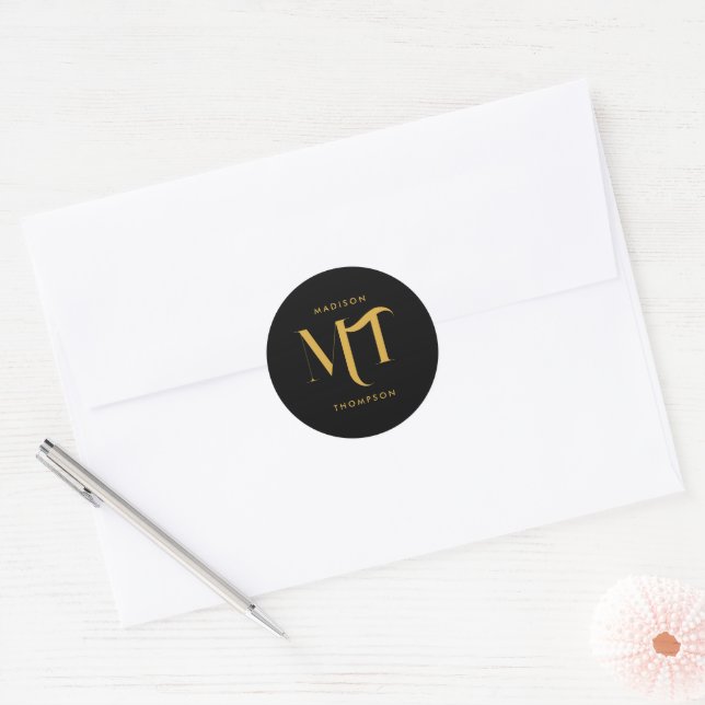 Stylish Black & Gold Monogram Initials Letters  Classic Round Sticker (Envelope)