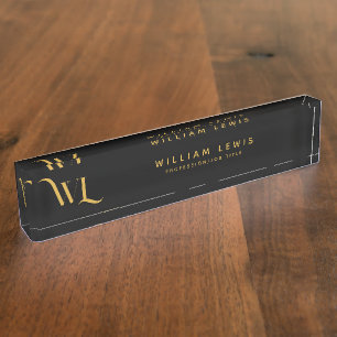 Stylish Black & Gold Monogram Initials Letters Desk Name Plate