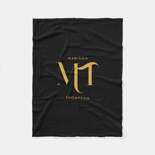 Stylish Black & Gold Monogram Initials Letters Fleece Blanket (Front)
