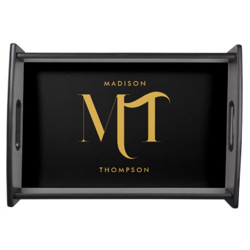 Stylish Black  Gold Monogram Initials Letters  Serving Tray