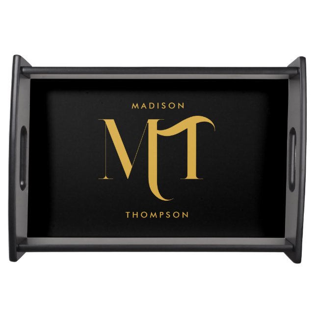 Stylish Black & Gold Monogram Initials Letters  Serving Tray (Front)
