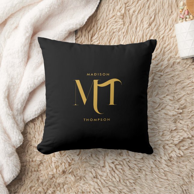 Stylish Black & Gold Monogram Initials Letters Throw Pillow (Blanket)