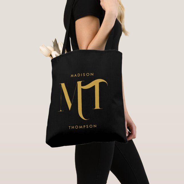 Stylish Black & Gold Monogram Initials Letters  Tote Bag (Close Up)