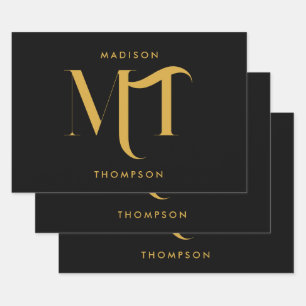 Stylish Black & Gold Monogram Initials Letters Wrapping Paper Sheets