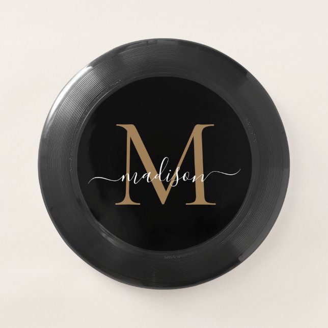 Stylish Black Gold Monogram Modern Girly Script Wham-O Frisbee (Front)