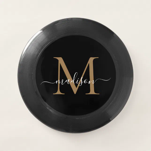 Stylish Black Gold Monogram Modern Girly Script Wham O Frisbee Zazzle