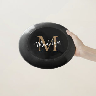 Stylish Black Gold Monogram Modern Girly Script Wham-O Frisbee