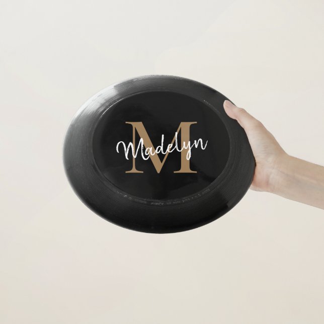 Stylish Black Gold Monogram Modern Girly Script Wham-O Frisbee (In Hand)