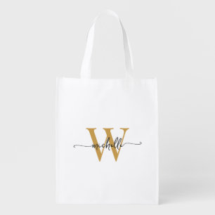 Stylish Black Gold Monogram Name Girly Script Grocery Bag