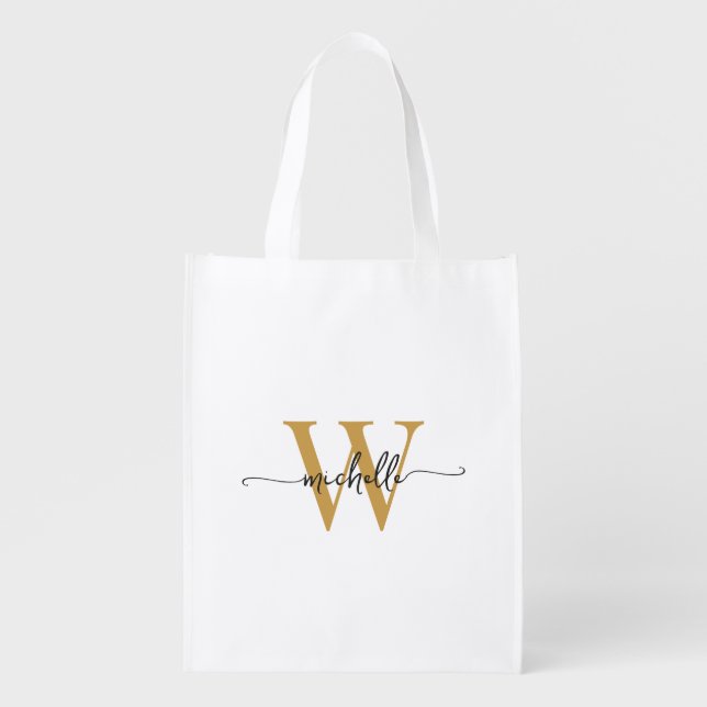 Stylish Black Gold Monogram Name Girly Script Grocery Bag (Front)