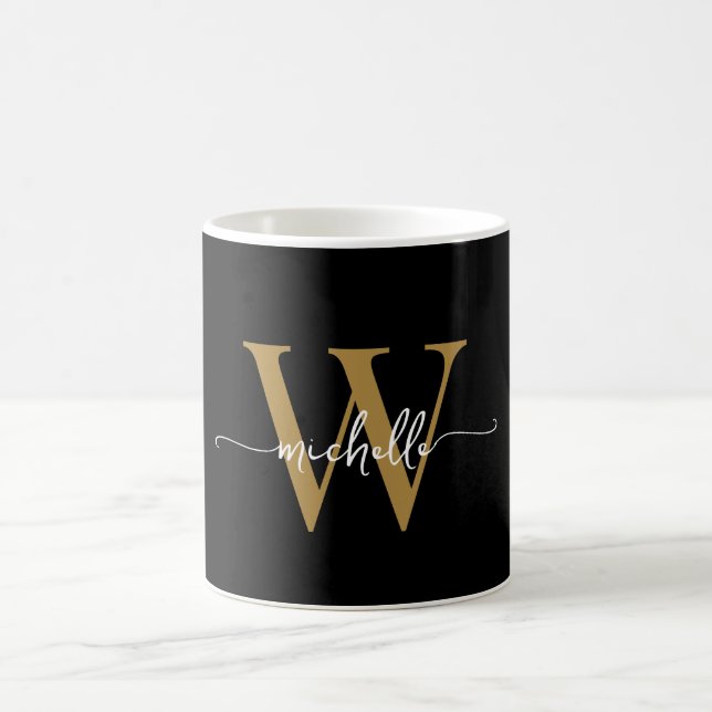Stylish Black Gold Monogram Name Script Signature Coffee Mug (Center)