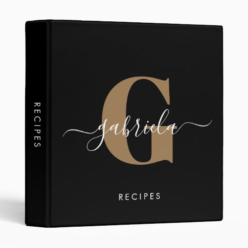 Stylish Black Gold Monogram Script Name Recipe 3 Ring Binder