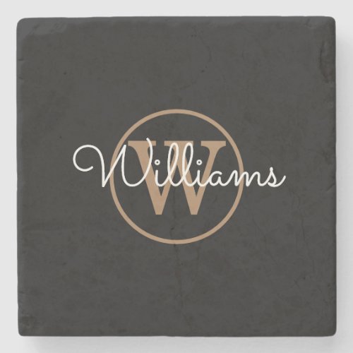 Stylish Black Gold Monogram Script Name Stone Coaster