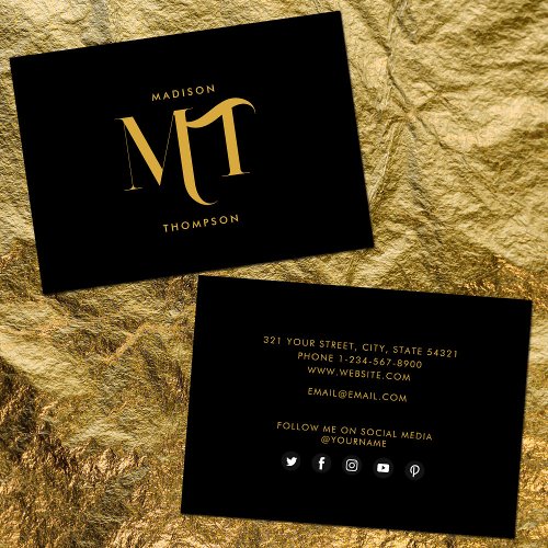 Stylish Black  Gold Monogram Social Media Icons Business Card