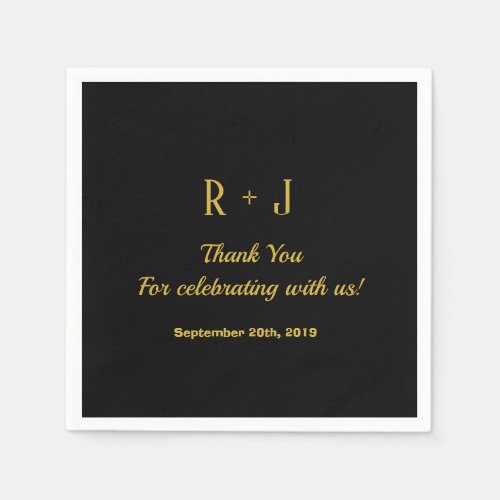 Stylish Black  Gold Monogram Thank You Wedding Napkins