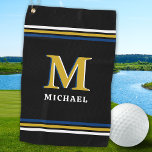 Stylish Black Gold Personalized Golfer Monogram  Golf Towel<br><div class="desc">Introducing the perfect accessory for any golfer or golf lover - our sporty black and gold monogram golf towel! With its classic yet stylish design, this golf towel is sure to make a statement on the course. Featuring gold white and blue stripes, it is the perfect blend of patriotic, preppy...</div>