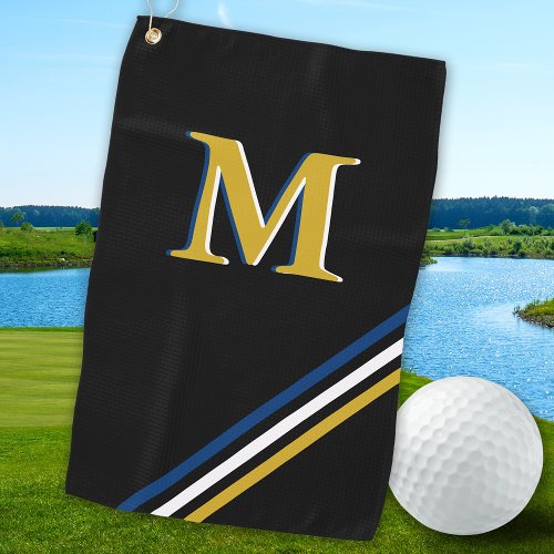 Stylish Black Gold Personalized Monogram Stripes Golf Towel