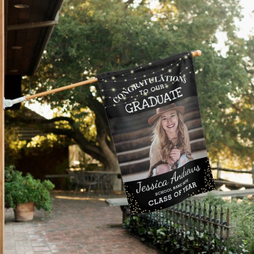 Stylish Black  Gold Photo Class 2024 Graduation House Flag