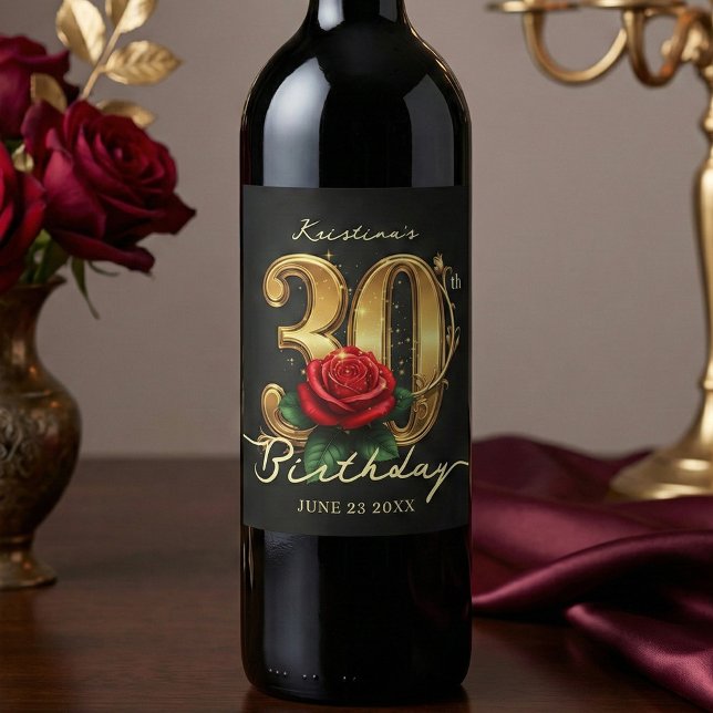 Stylish Black Gold Red Rose Floral 30th Birthday Wine Label (Creator Uploaded)