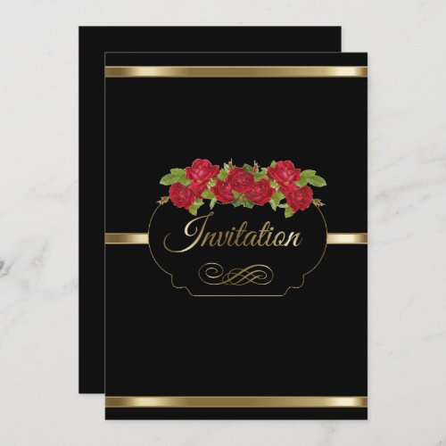Stylish Black  Gold  Red Roses Party Invitation