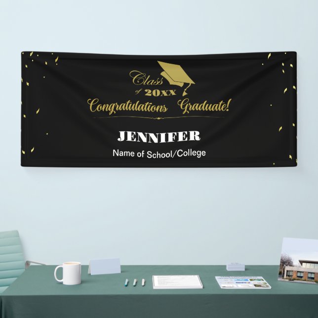 Stylish Black Gold Script Congrats Graduation 2025 Banner (Tradeshow)