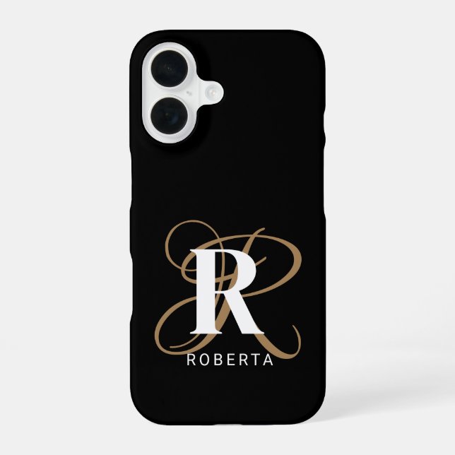 Stylish Black Gold Script Monogram Name Iphone Case (Back)