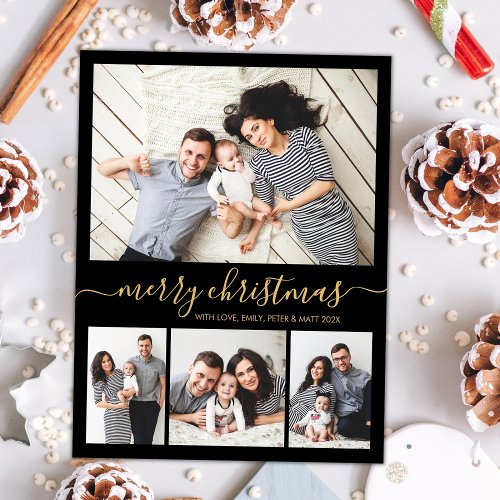 Stylish Black Gold Script Photo Collage Christmas Postcard