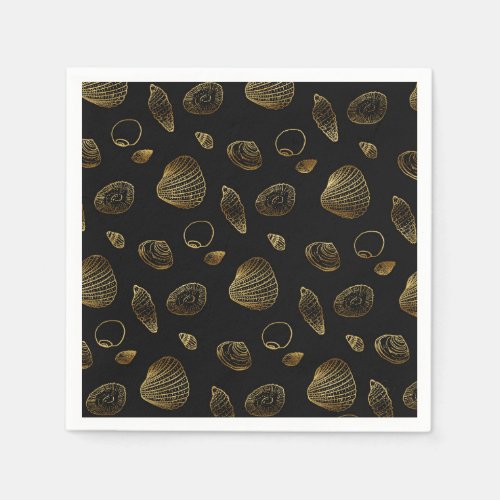 Stylish Black Gold Seashells Pattern Napkins
