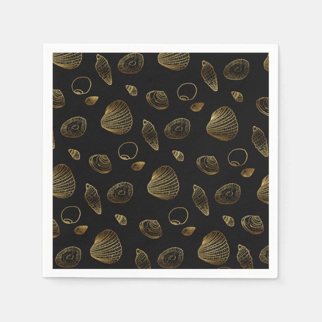 Stylish Black Gold Seashells Pattern Napkins (Front)