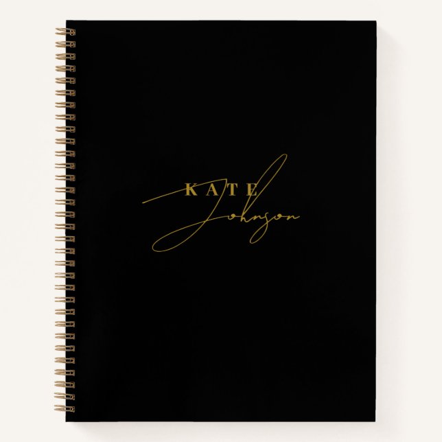 Stylish Black Gold Signature Script Monogram Notebook (Front)