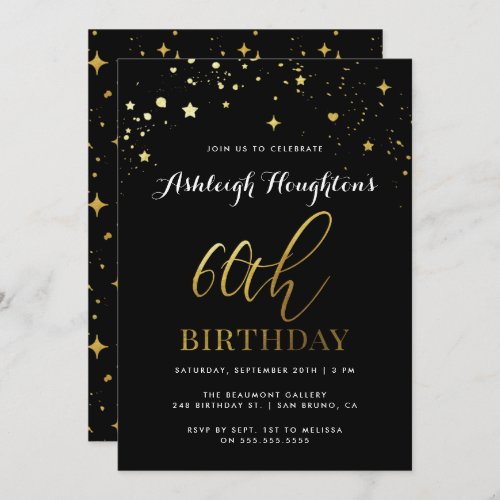 Stylish Black  Gold Star Confetti 60th Birthday Invitation