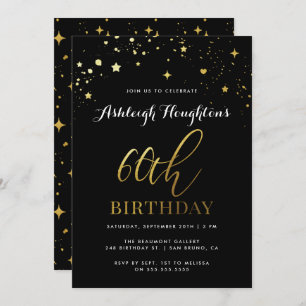 Stylish Black & Gold Star Confetti 60th Birthday Invitation