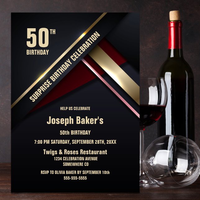 Stylish Black Gold Surprise 50th Birthday Party Invitation (Creator Uploaded)