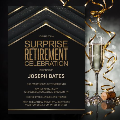 Stylish Black Gold Surprise Retirement Party Invitation