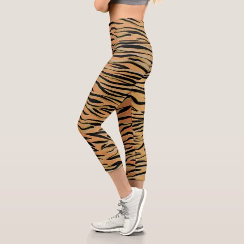 Stylish Black Gold Tiger Animal Print Capri Leggings