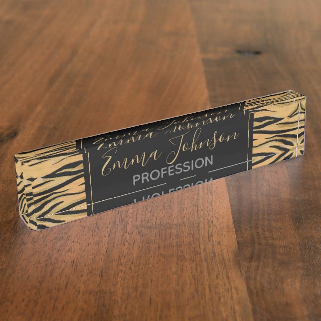 Stylish Black Gold Tiger Animal Print Desk Name Plate (Side)