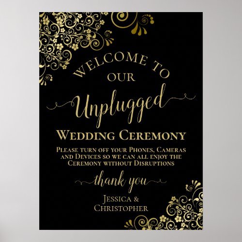 Stylish Black  Gold Unplugged Wedding Ceremony Poster