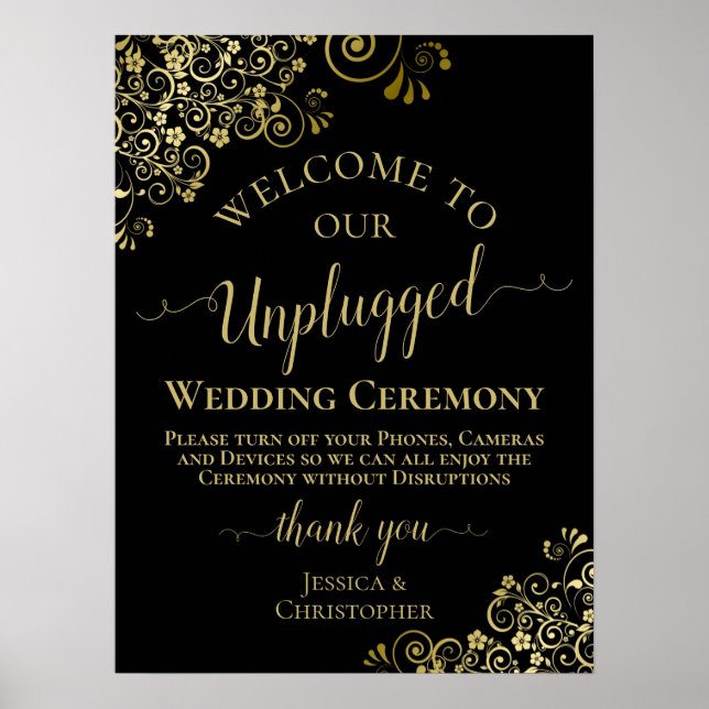 Stylish Black & Gold Unplugged Wedding Ceremony Poster (Front)