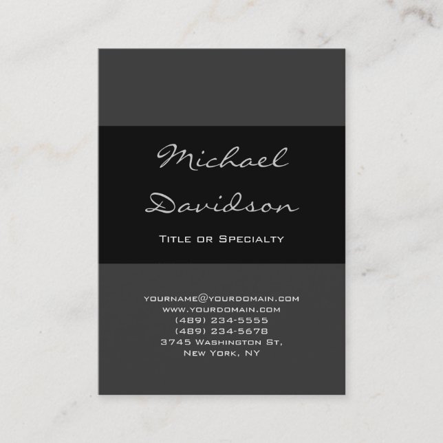 Stylish Black Gray Classical Script Business Card (Front)