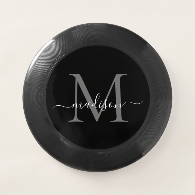 Stylish Black Gray Monogram Modern Girly Script Wham-O Frisbee (Front)