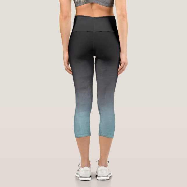 Stylish Black Gray Teal rustic ombre Capri Leggings (Back)