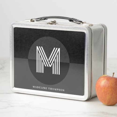Stylish Black Gray White Geometric Modern Monogram Metal Lunch Box