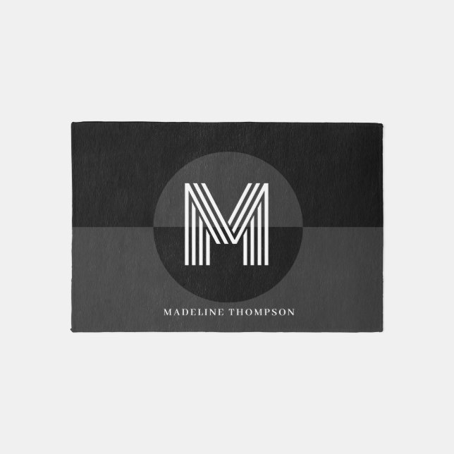 Stylish Black Gray White Geometric Modern Monogram Outdoor Rug (Front)