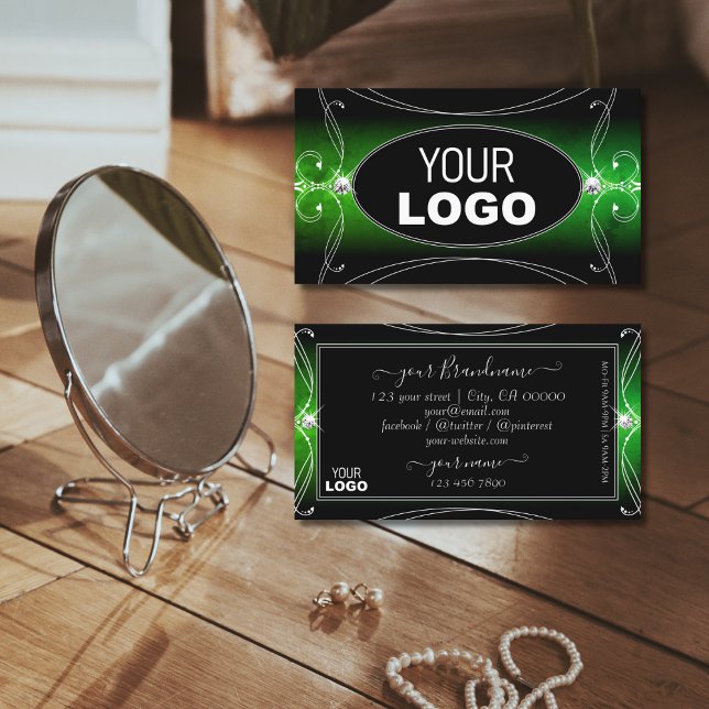 Stylish Black Green Ornate Sparkle Jewels Add Logo Business Card (Creator Uploaded)
