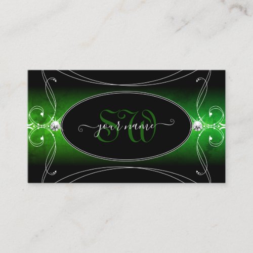 Stylish Black Green Ornate Sparkle Jewels Initials Business Card