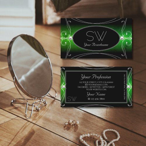 Stylish Black Green Ornate Sparkle Jewels Monogram Business Card